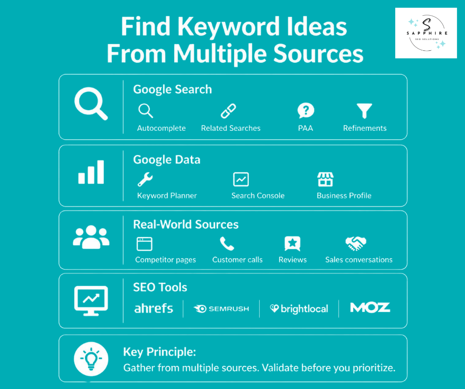 Infographic listing multiple sources to find keyword ideas, including Google Search, data, and SEO tools.