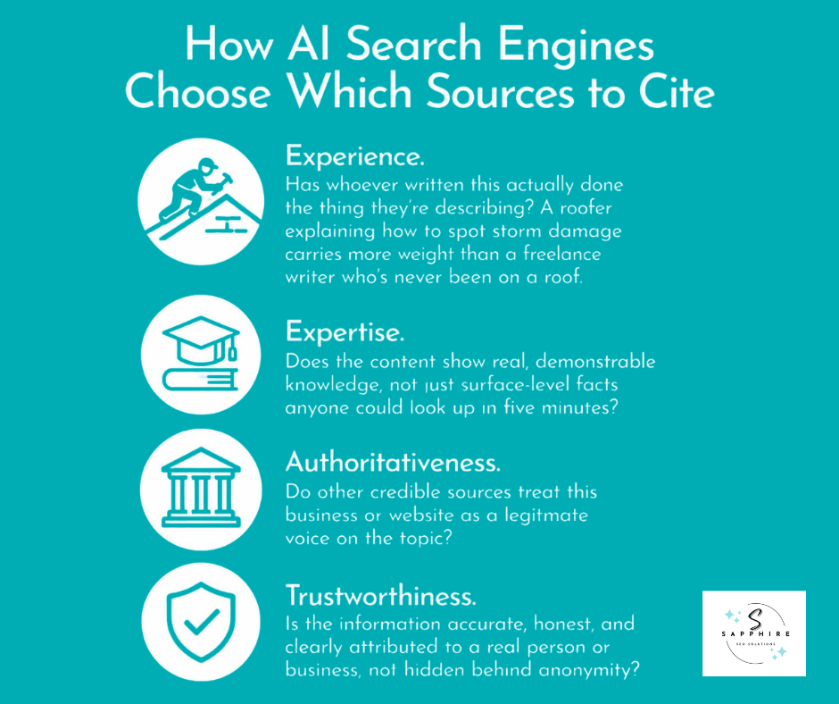 AI search engines choose which sources to cite by seeing which websites can demonstrate EEAT (expertise, experience, authoritativeness, and trustworthiness).