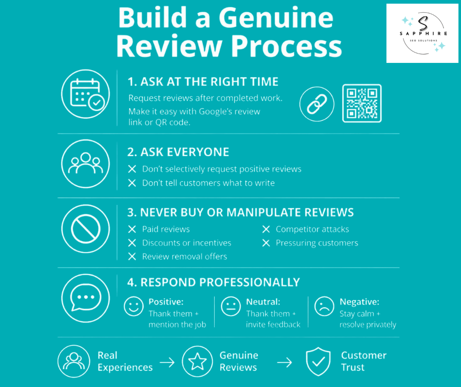 Infographic providing steps to build a genuine customer review process and handle feedback professionally.
