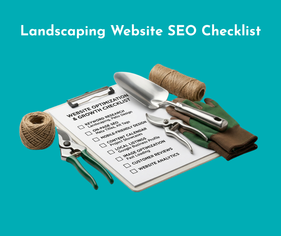 a website seo checklist with the captions: landscaping website seo checklist