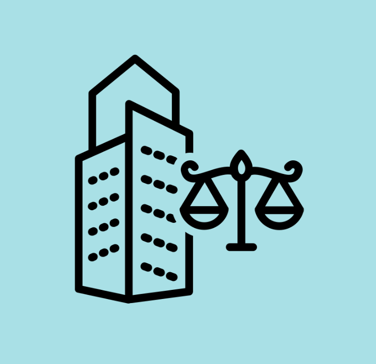 Graphic of a tall building with the scales of justice
