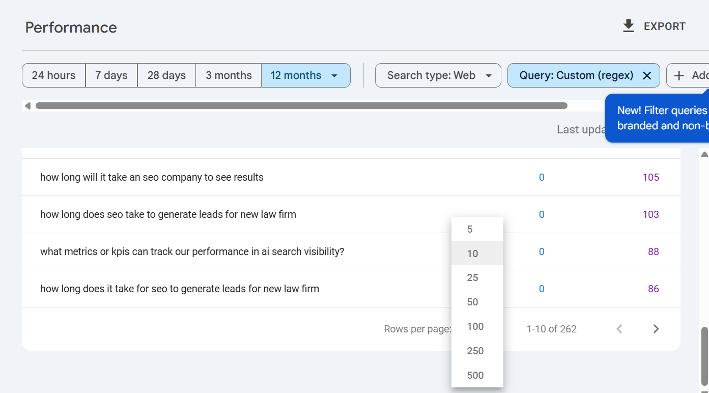 A screenshot of the increase rows filter on GSC