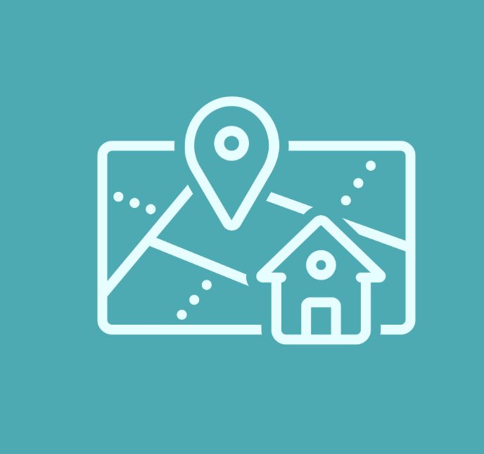 Graphic of a map, a house, and a map marker