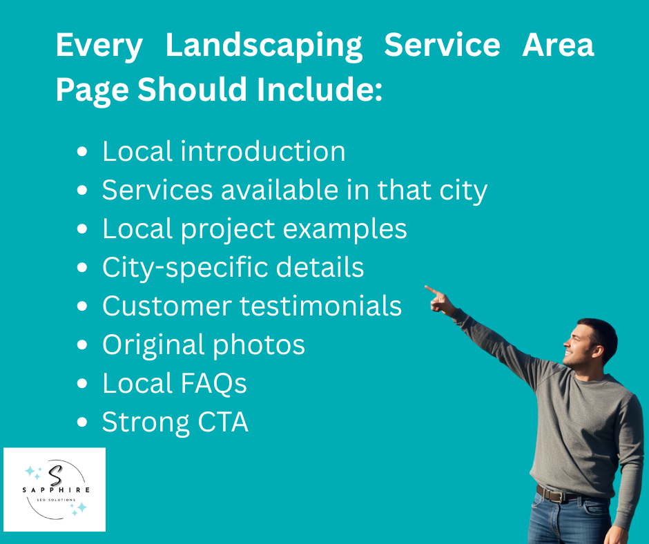 every landscaping service area pages should include local introduction, available services in that city, local projects, and more