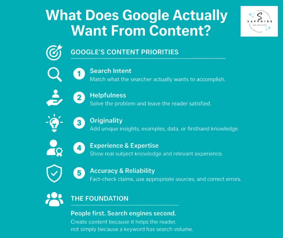 Infographic outlining Google content priorities including search intent, helpfulness, originality, and expertise.