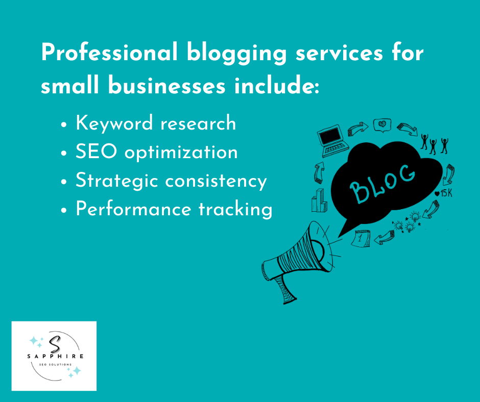 Blogging services for small businesses include SEO, keyword optimization, performance tracking, and strategy