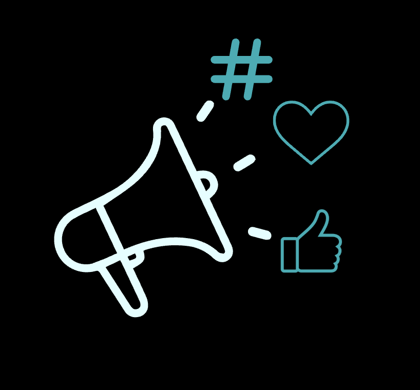 Megaphone with a hashtag, heart, and thumbs up