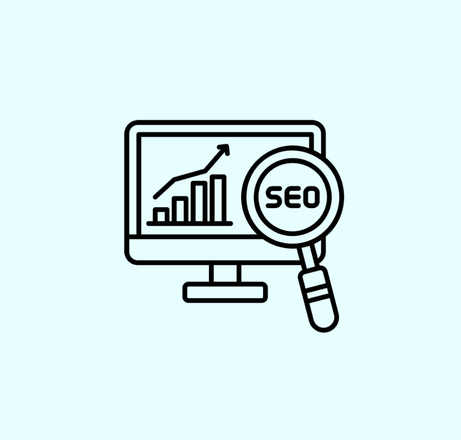 Graphic of computer screen, a graph, and a magnifying glass with SEO inside it.