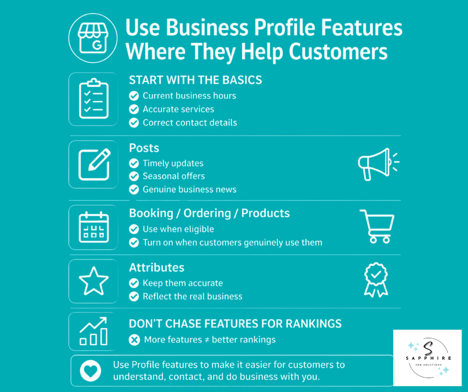 Infographic explaining how to effectively use Google Business Profile features to support and convert customers.