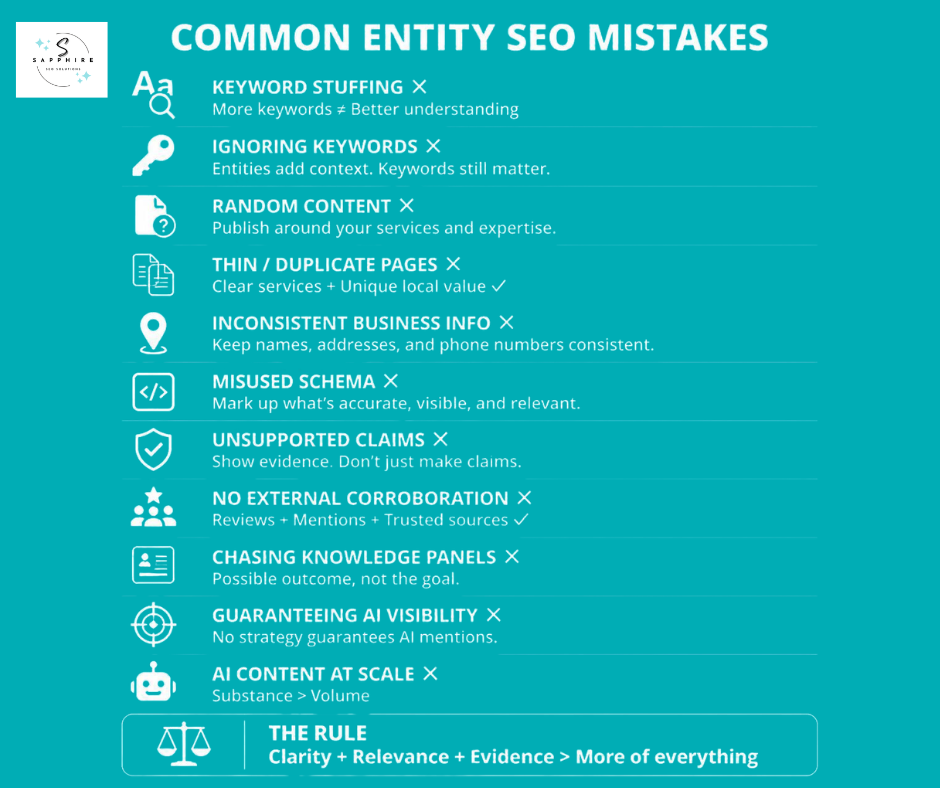 Infographic detailing frequent entity SEO mistakes and how to avoid keyword and schema errors.