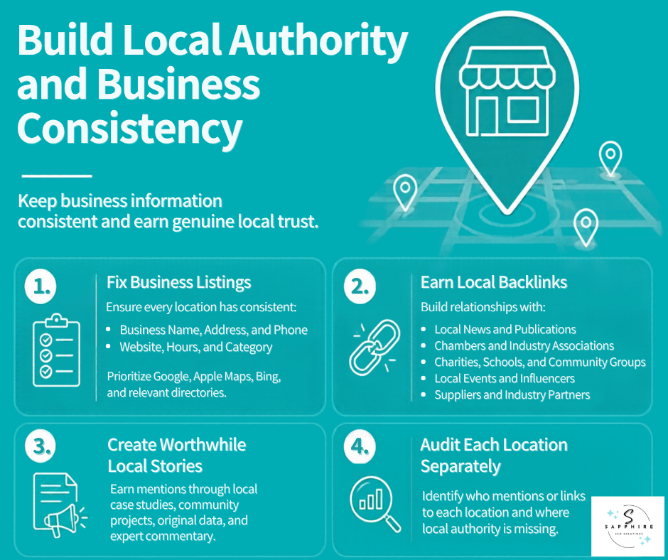 Strategy diagram for building local authority, backlink profile, and business listing consistency across locations.