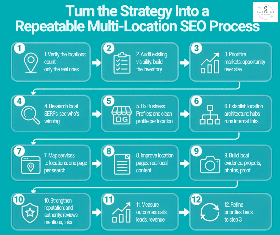 Infographic detailing a 12-step repeatable multi-location SEO process and workflow for regional teams.