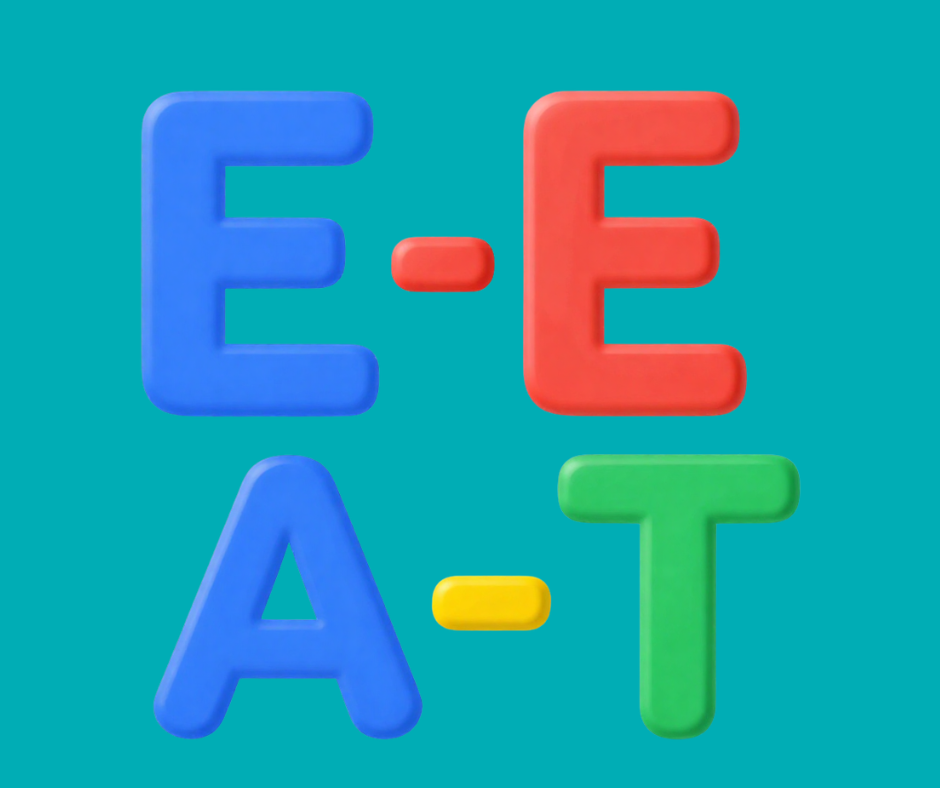 Letters E-E-A-T drawn in Google colors