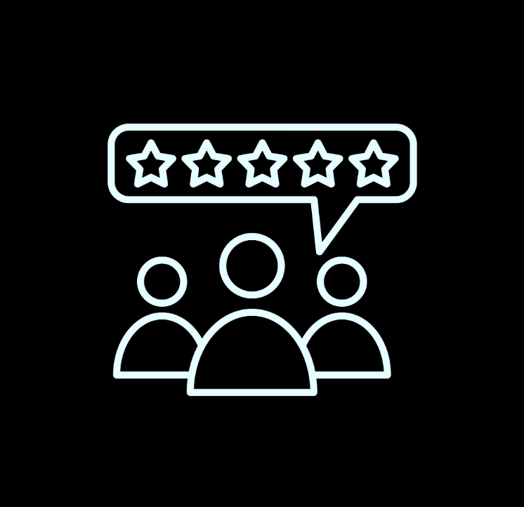 Figures with a bubble over their head with 5 stars