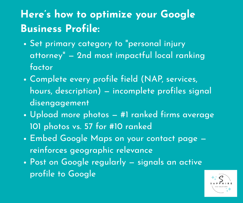 a list of things to do to optimize google business profile for personal injury attorneys