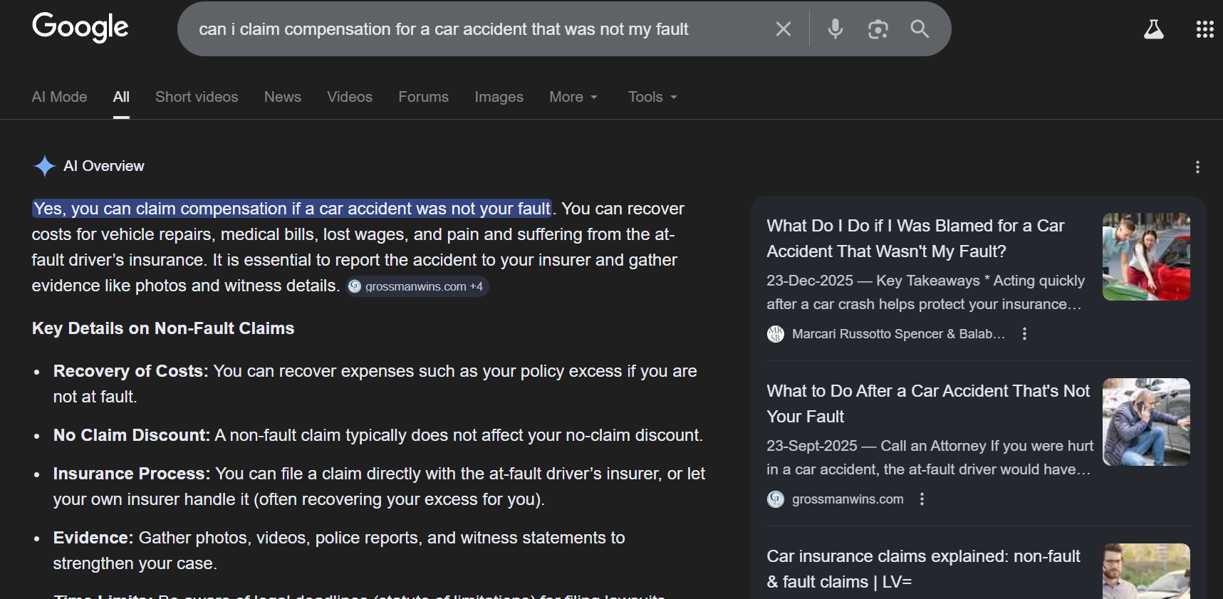 A screenshot of AI overviews for a personal injury question