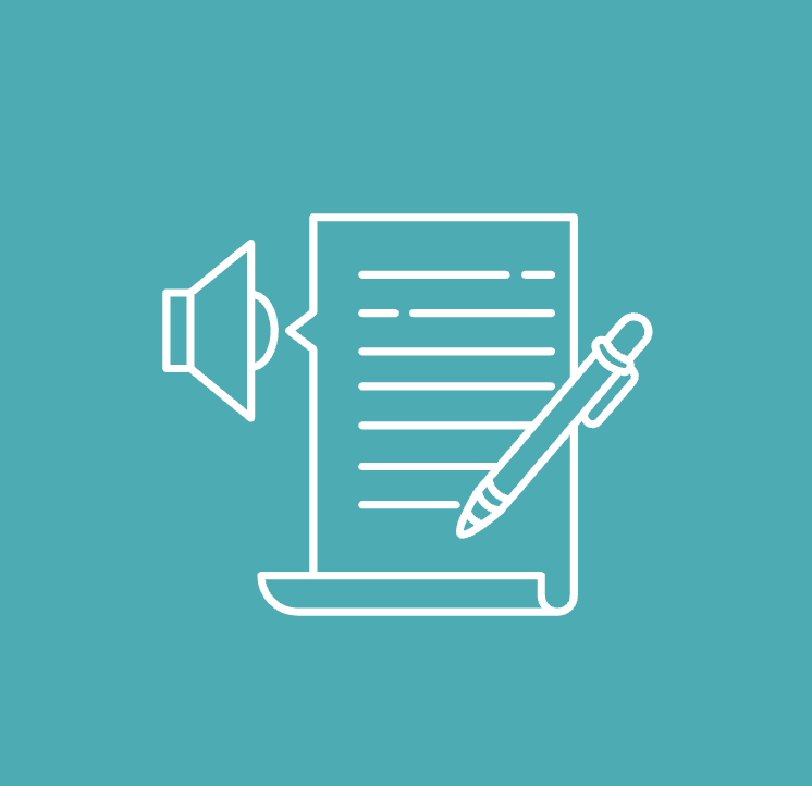 Graphic of a letter and a pen with a megaphone