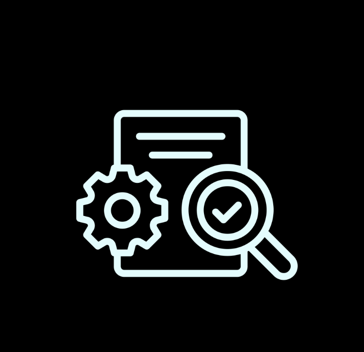 Graphic of a page with a gear, a checkmark, and a magnifying glass