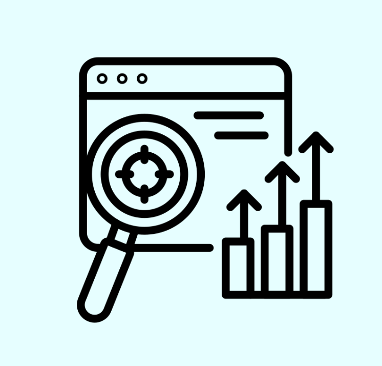Graphic of a webpage a magnifying glass a target, and a chart showing growth