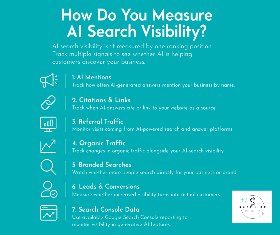 a detailed infographic that explains how you can measure ai search visibility, from tracking ai mentions to monitoring referral traffic, watching branded searches and more.