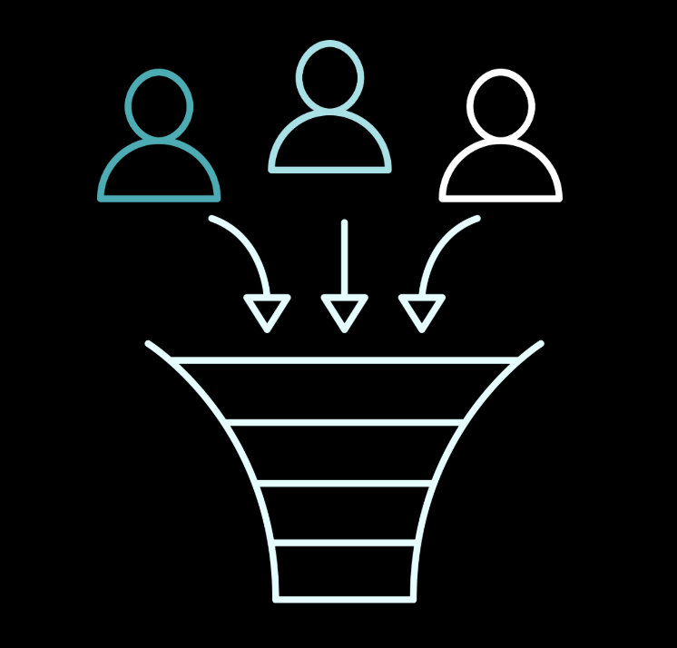 Sales funnel with figures going into the top