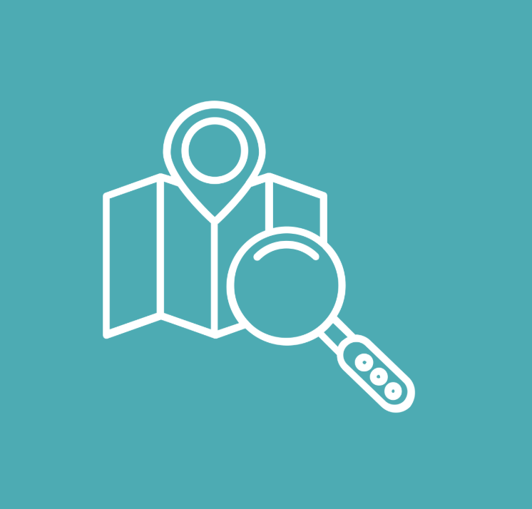 Graphic of a paper map with a map marker and a magnifying glass