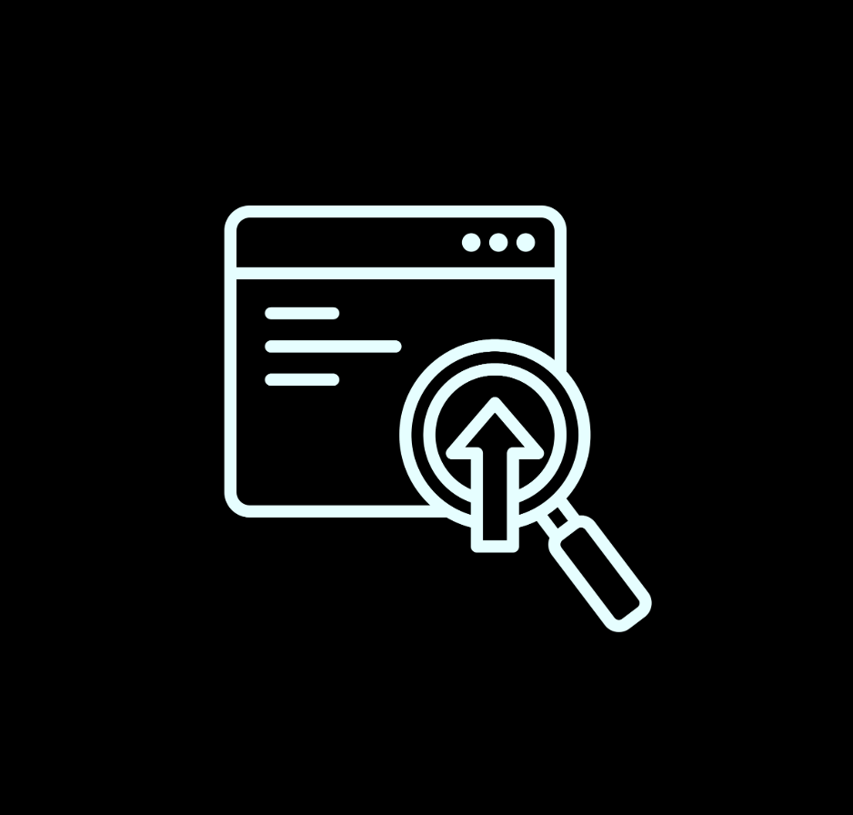 Graphic of a web page with a magnifying glass and an arrow