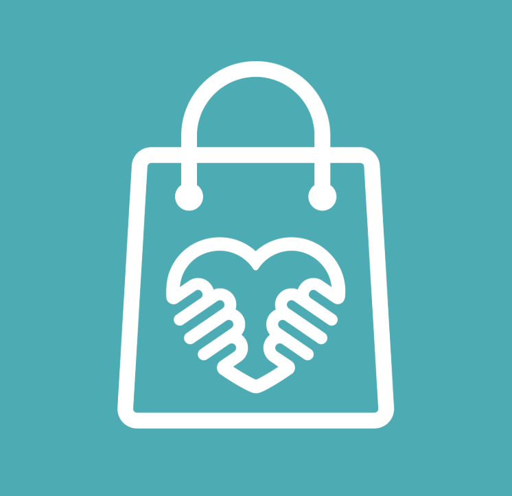 Shopping bag graphic with a heart held by hands