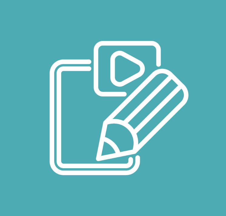 Graphic of a pencil, a play button and a tablet