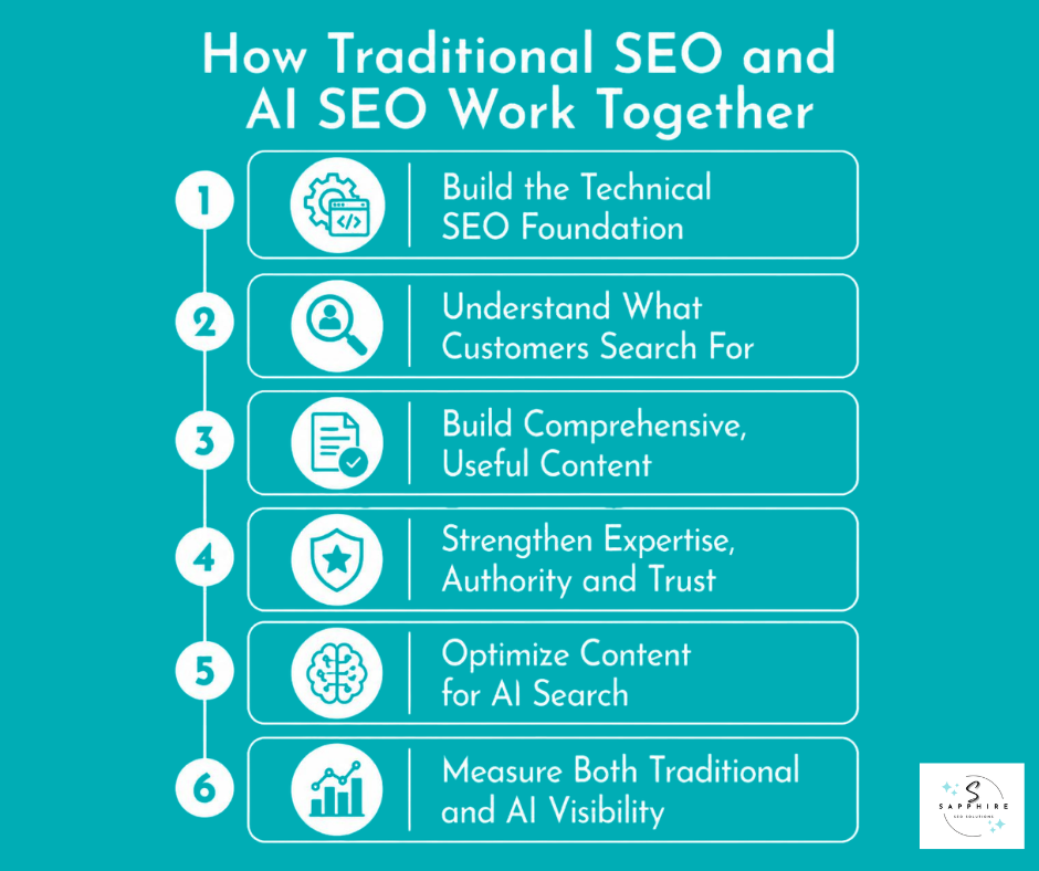 6 ways traditional seo and ai seo work together explained in an infographic