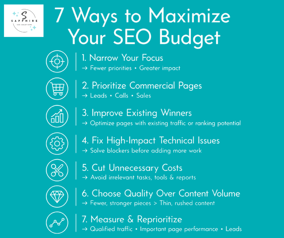 7-step guide on how to maximize your SEO budget, covering focus, commercial pages, existing winners, technical fixes, and content quality.