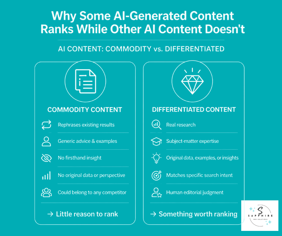 Infographic comparing commodity content versus differentiated content to explain why some AI pieces rank.