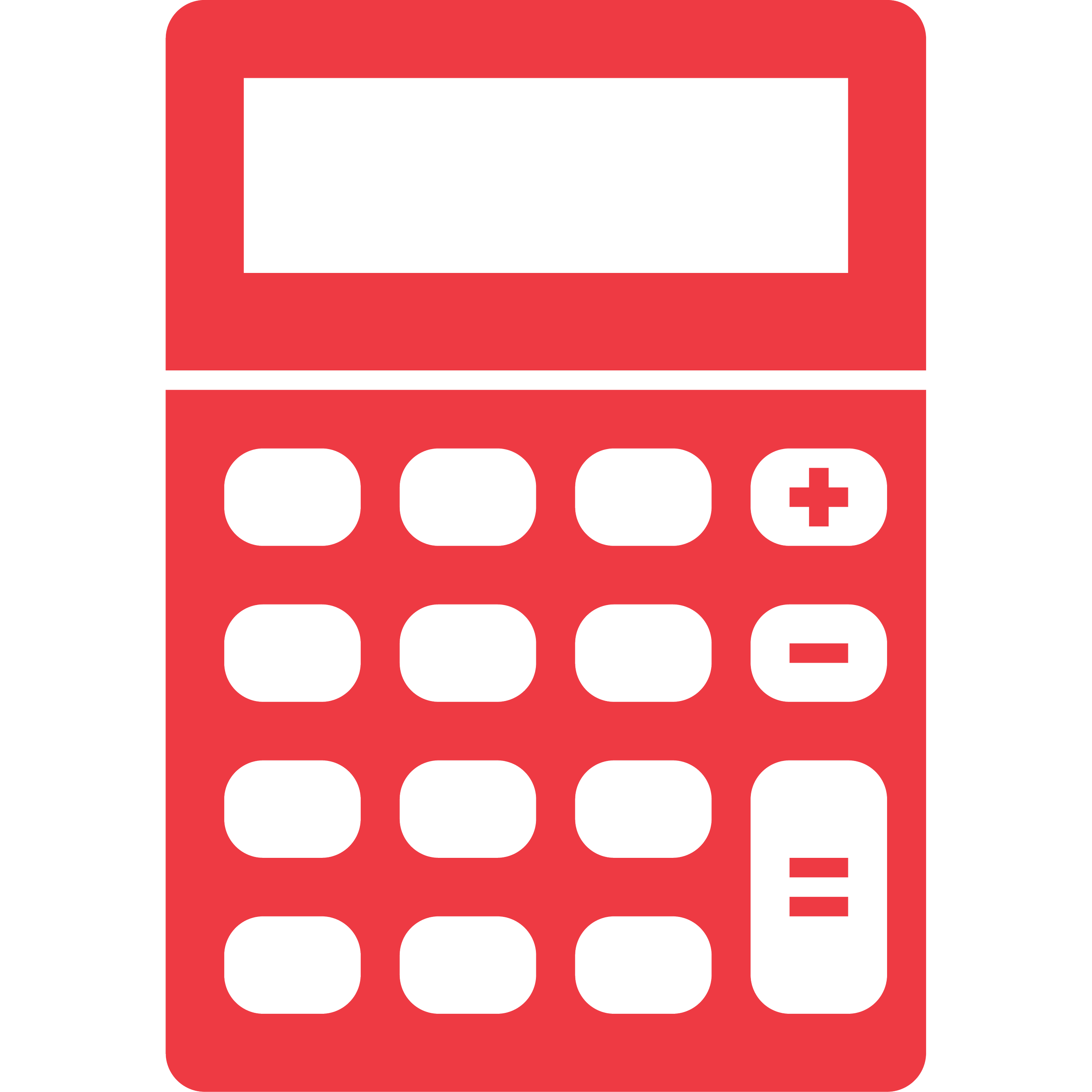 Red calculator with black screen and black buttons, some with plus, minus, and equals symbols.