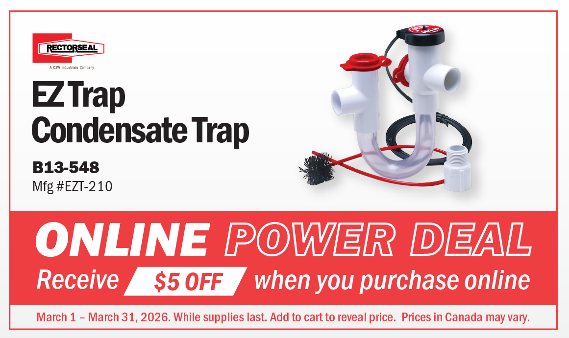 Advertisement for EZ Trap Condensate Trap with a 5 dollar discount for online purchase, featuring an image of the trap and details about the promotional period from March 1 to March 31, 2026.