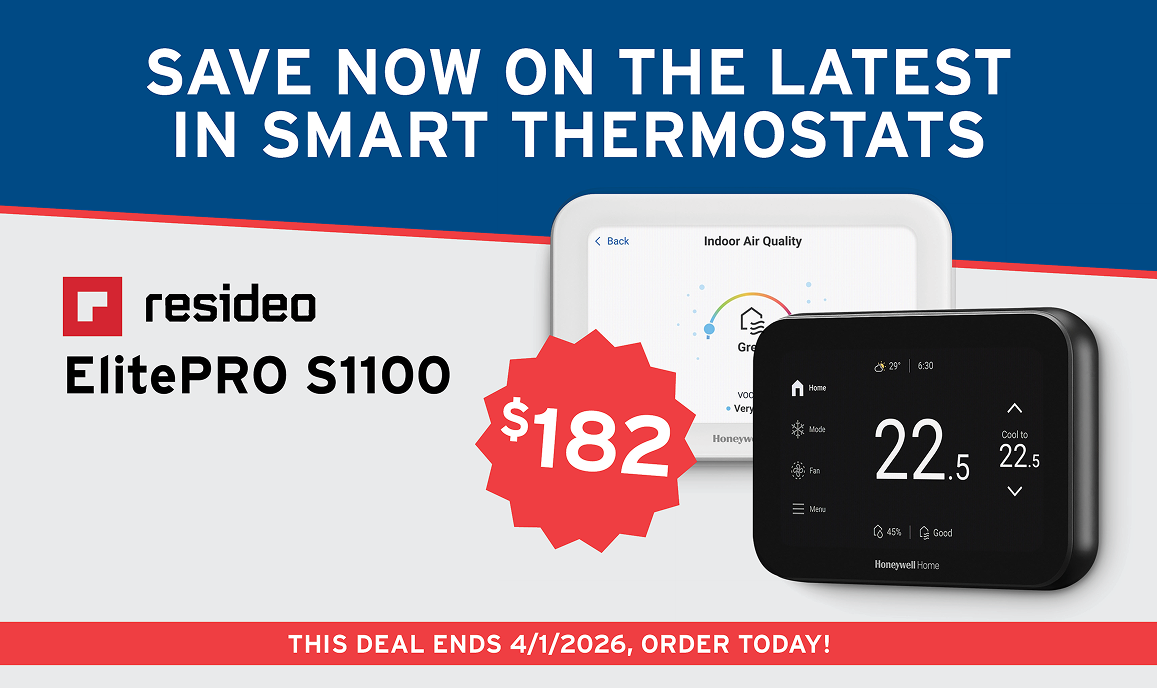 Advertisement for Resideo ElitePRO S1100 smart thermostat with a price of $182, highlighting a limited-time deal ending on April 1, 2026.