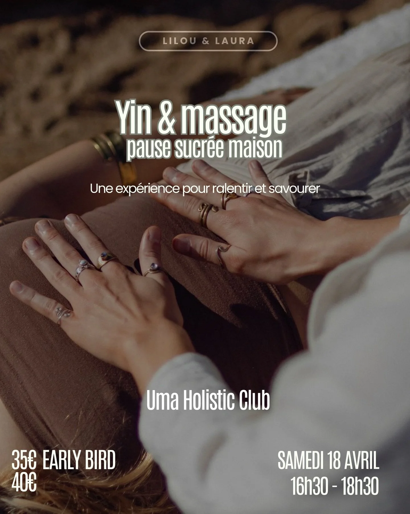 - YIN YOGA - THAI MASSAGE - PAUSE SUCR&Eacute;E -

On c&eacute;l&egrave;bre notre dernier &eacute;v&eacute;nement d&rsquo;hiver chez Uma ✨

Au programme : une douce s&eacute;ance de yin yoga et de massages tha&iuml;, pour rel&acirc;cher, ralentir et 