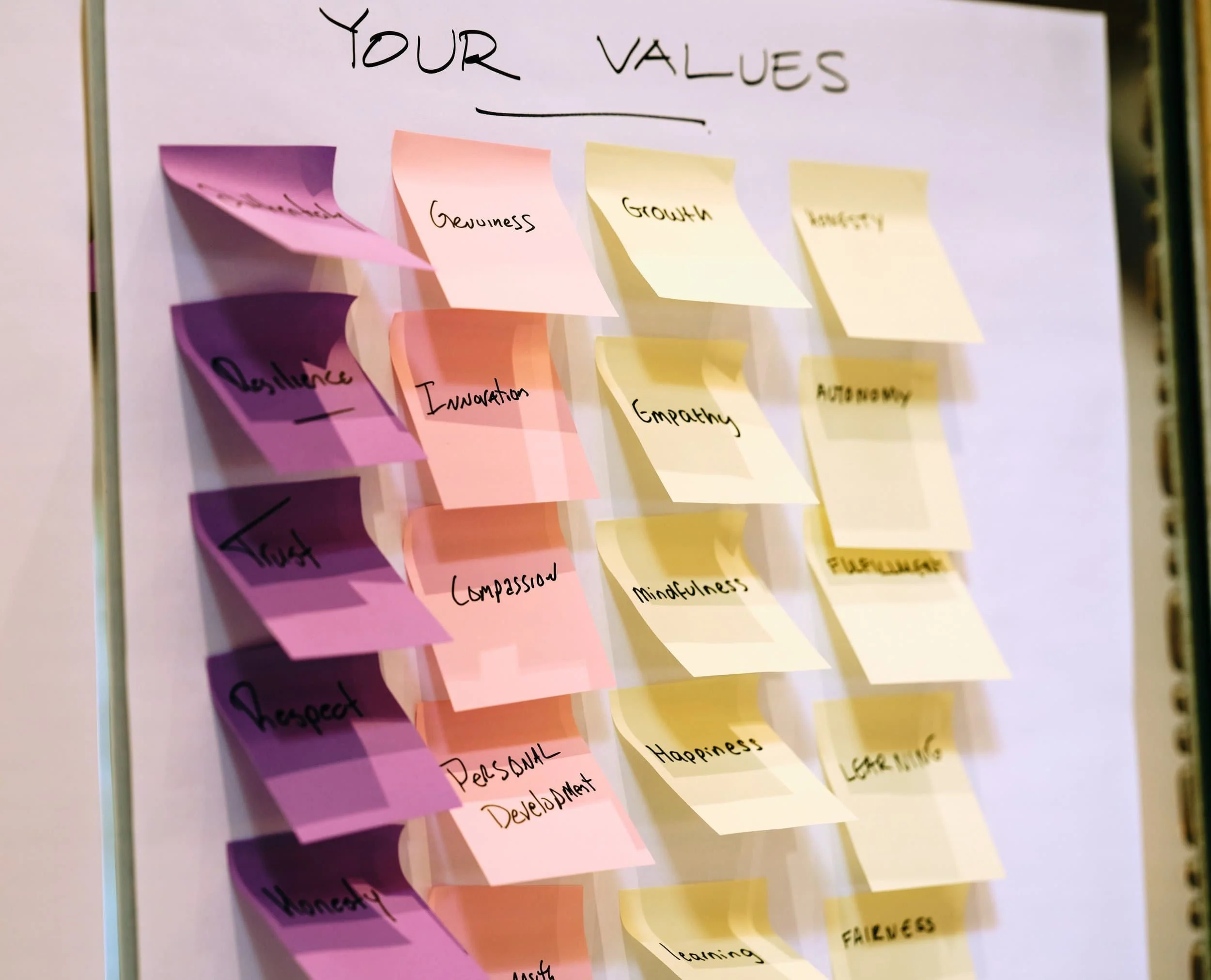Values listed on sticky notes on a whiteboard