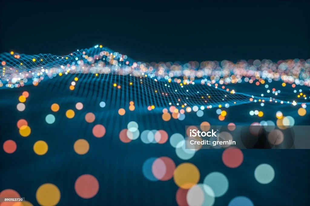 Abstract digital landscape with blue mesh and colorful bokeh lights.