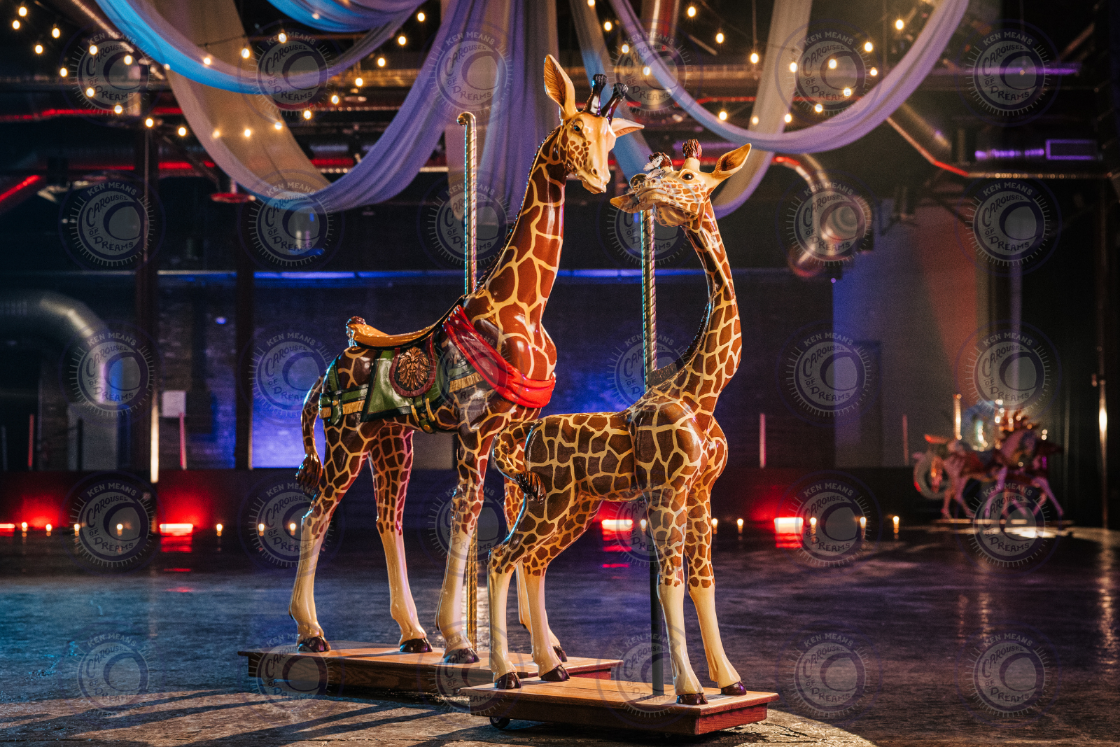 Two giraffe carousel figures indoors with string lights and draped fabric overhead.