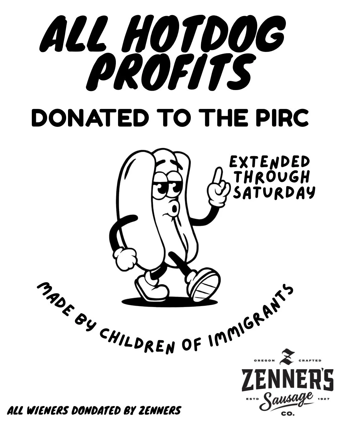 YOU ALL ABSOLUTELY CRUSHED US YESTERDAY AND WE&rsquo;RE STILL GOING! FRYBABY AND @kimjonggrillin ARE EXTENDING HOT DOG PROFIT DONATIONS THROUGH SATURDAY!

HUGE THANK YOU TO @zennerspdx FOR THEIR INCREDIBLY GENEROUS DONATION!

ALL PROCEEDS GO TO @pirc