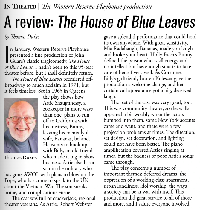 The House of Blue Leaves Review of Western Reserve Playhouse in Bath, Ohio