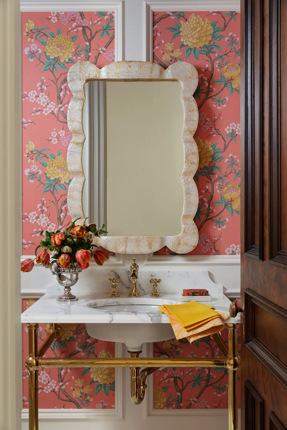 bathroom with wallpaper and console sink in sitting-room-boston-historic-home