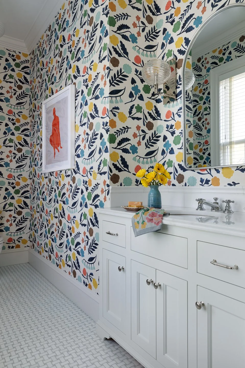 bathroom with wallpaper in in historic Boston home by Digs Design