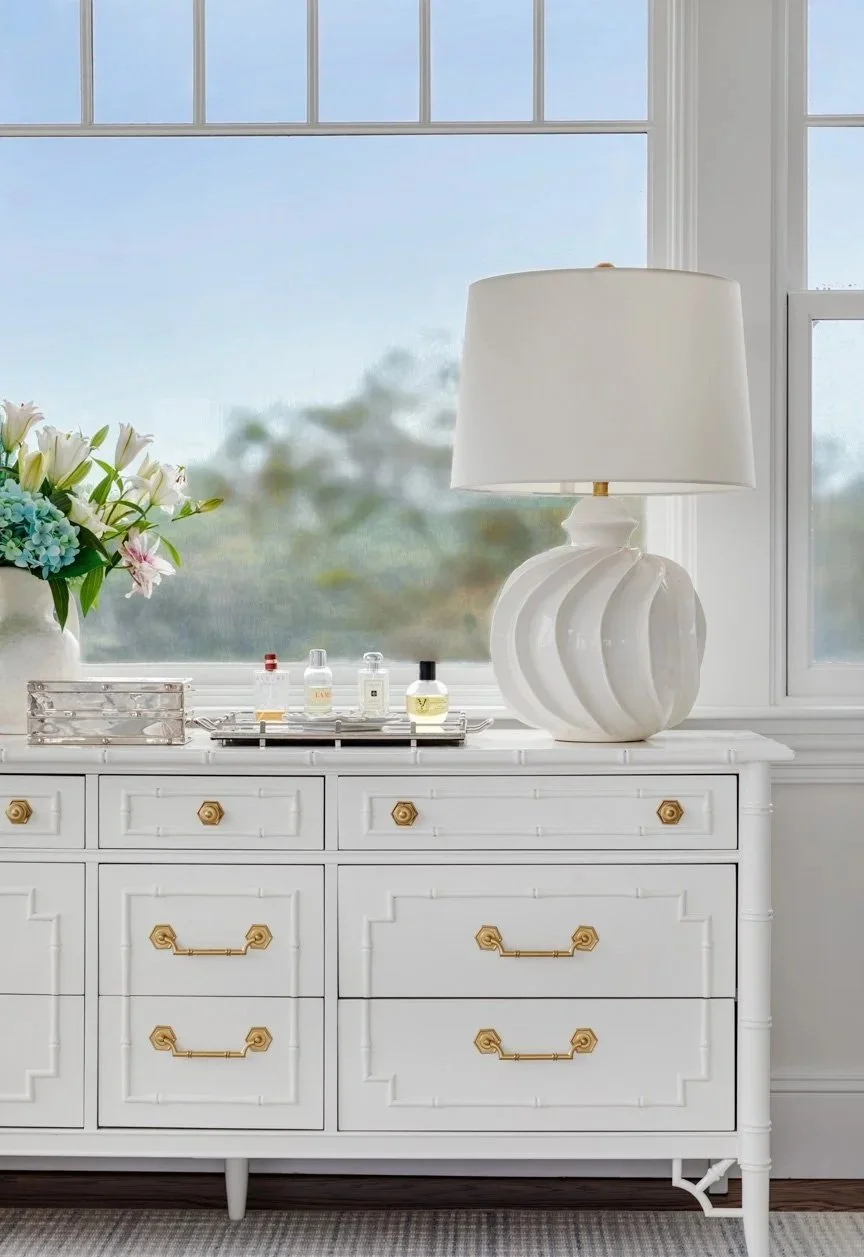 digs design company, interior design, primary suite, white bureau in front of window