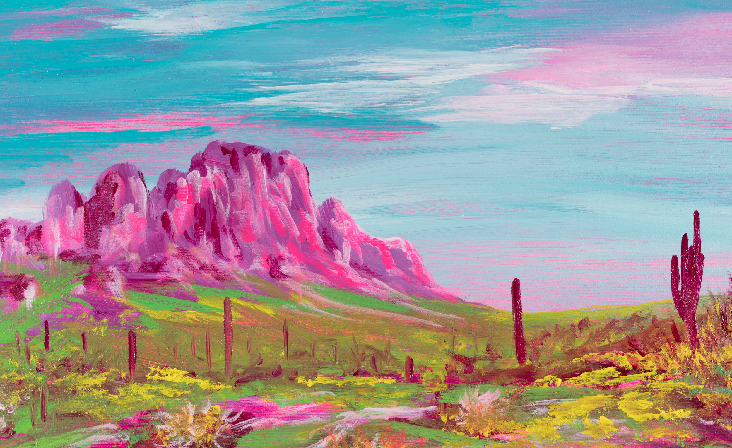 MAGENTA SUNRISE -
Abstract landscape in a loose expressionist style, inspired by the Superstition Mountains in Arizona! This painting has vibrant and bold colors with neon pink that glows under UV blacklight!