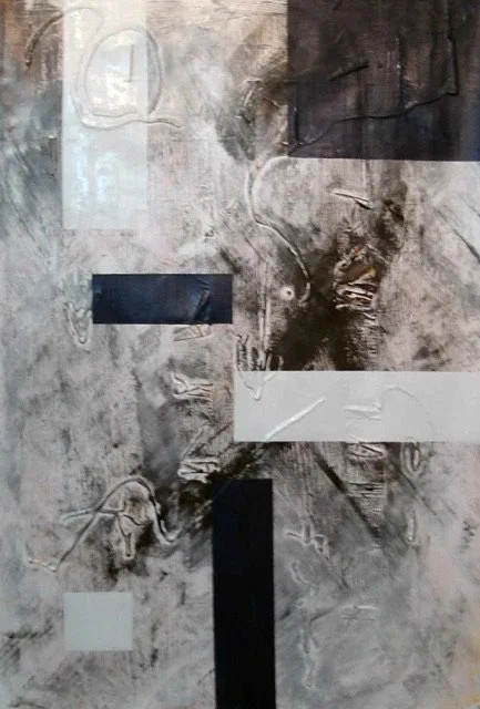 Abstract artwork with textured black, white, and gray areas, featuring rectangular shapes and swirling patterns.