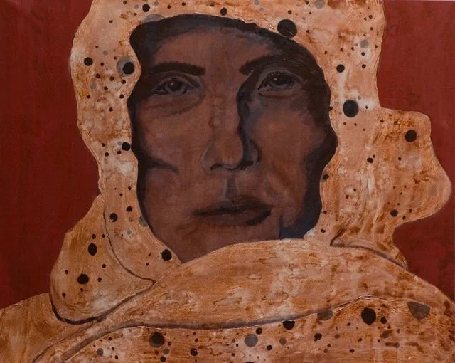 A mixed media portrait of a person's face, with a textured, speckled golden background and dark accents on the face, on a reddish-brown backdrop.