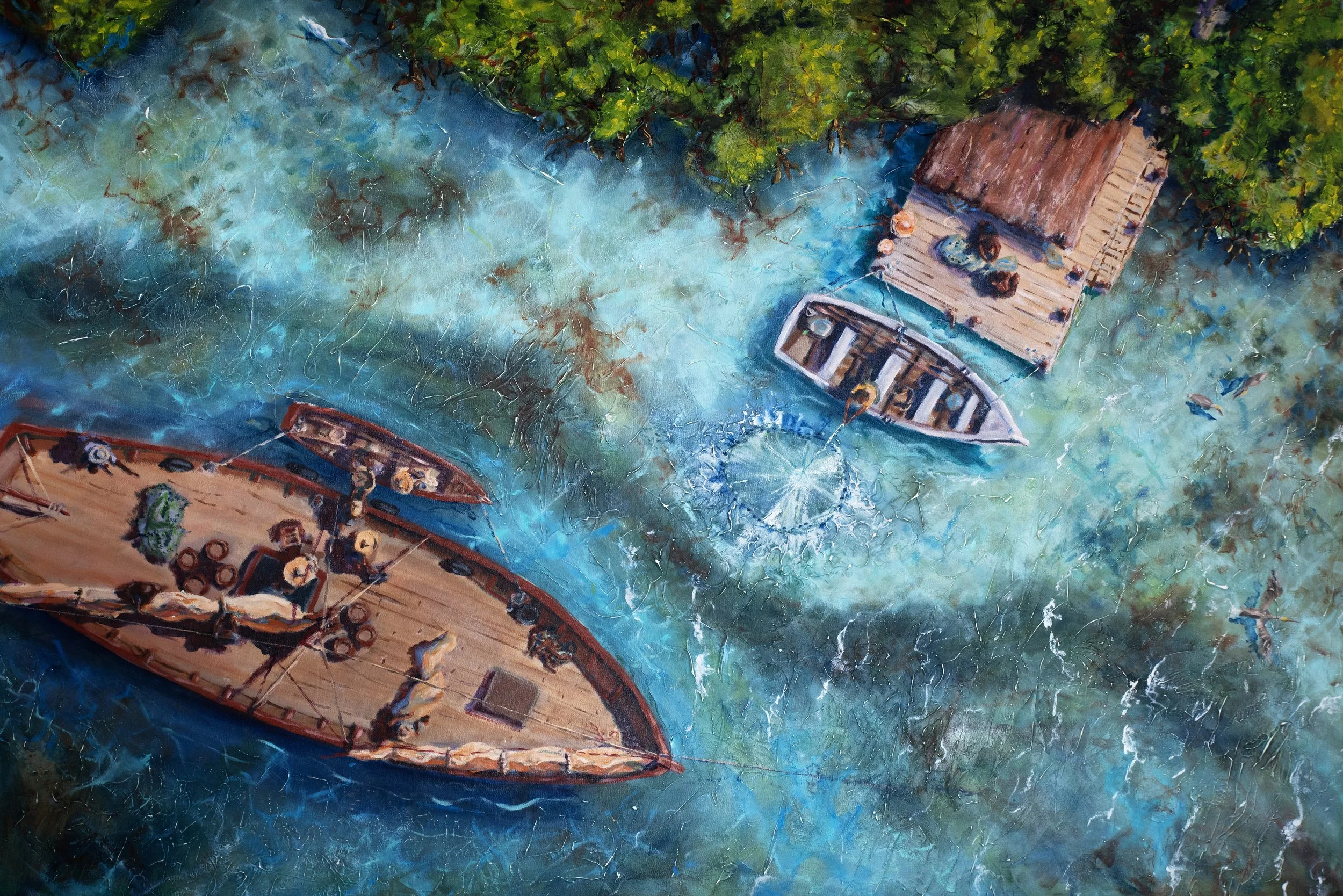 The Tortola Sloop at anchor, off loading in Sopers Hole, Tortola British Virgin Islands. Large Oil painting.