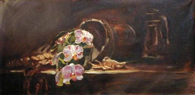 A still life painting of pink and white flowers in a vase, with a brown jug and other objects on a dark wooden surface.