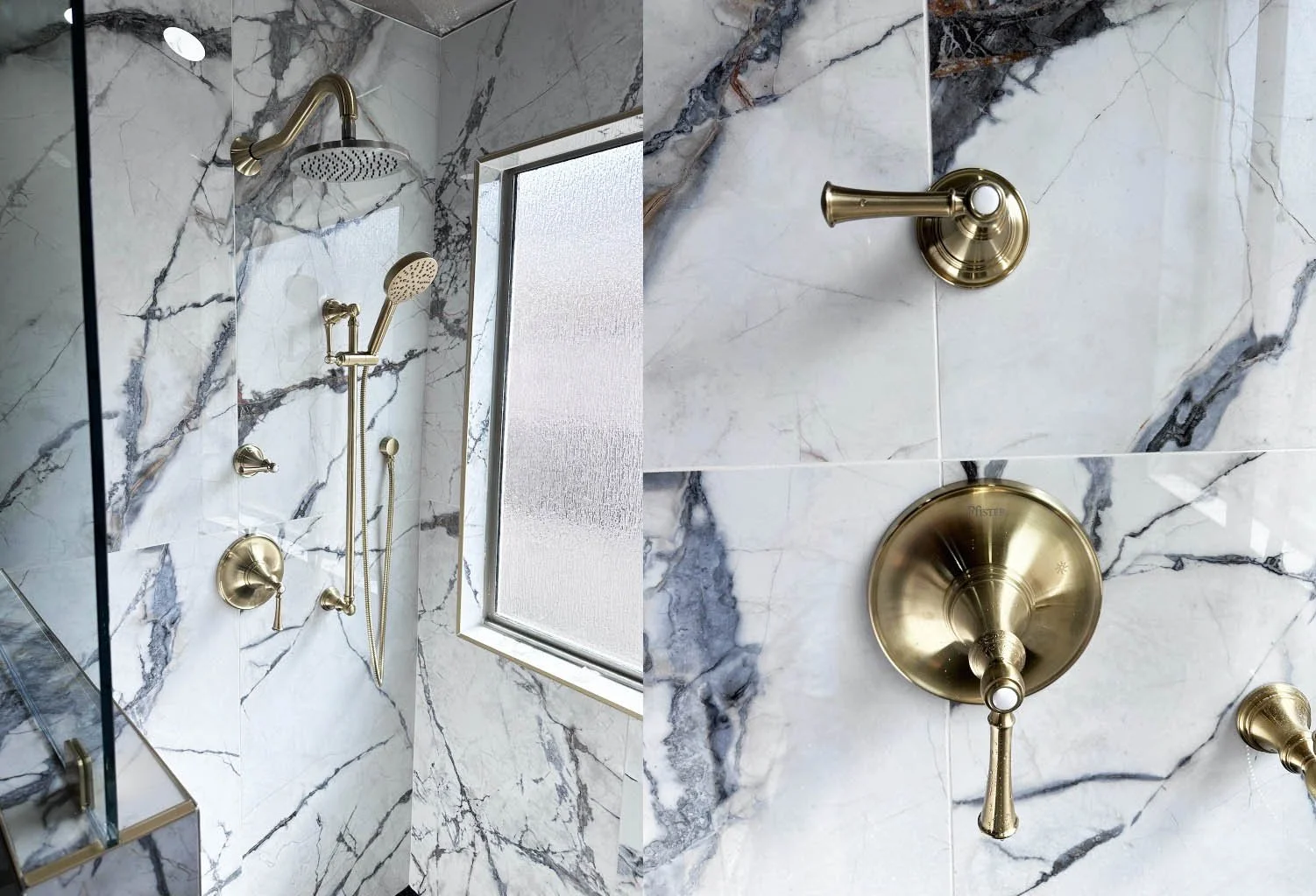 Shower area with marble wall tiles, featuring a gold showerhead, a handheld shower, and a gold faucet handle. There is a large frosted window.